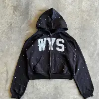  WYS “Watch Your Step” Black Studded Zip-Up Hoodie – Streetwear Cropped Hooded Jacket