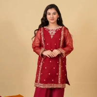  Ruby Radiance Organza Suit – Luxury Festive & Wedding Wear for Girls