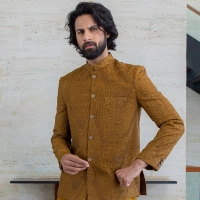  Embroidered Mustard Sherwani Set