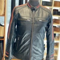  Black Leather Jacket with Red and Orange Accent Strips 