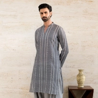  Textured Charcoal V-Neck Kurta Set