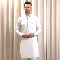  Men’s White Kurta Pajama – Modern Cut with Chest Pockets