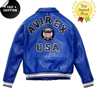  Mens Avirex Blue Real Bomber American Flight Jacket Leather Jacket FAST SHIPPING