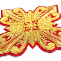  Cross Hand Embroidered 3D Badge with Golden Bullion Wire Applique on Red Velvet Canvas Patch Premium Quality