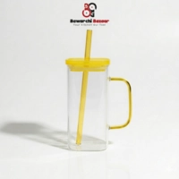  Premium Square Glass Tumbler with Lid & Straw – Modern Cold Drink Cup with Handle for Juice, Coffee & Iced Beverages