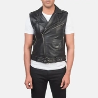 Men's Black Leather Vest Motorcycle Biker Snap Front Classic Slim Fit Sleeveless Waistcoat Jacket