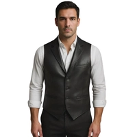  Men’s Genuine Black Leather Waistcoat - Slim Fit Formal Suit Vest with Notch Lapel & Button Closure - Premium Leather Gilet for Smart Casual Wear