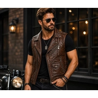  Men Genuine Leather Biker Vest Vintage Brown Motorcycle Waistcoat Stylish Durable Vest