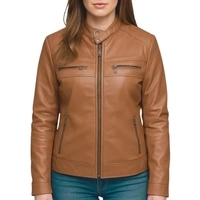  Women’s Slim-Fit Caramel Brown Genuine Leather Moto Biker Jacket - Classic Snap Tab Collar & Zip Pockets Outerwear