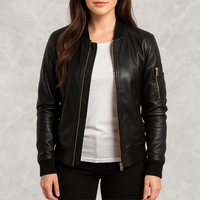  Women’s Sleek Black Genuine Leather Bomber Jacket - Classic Ribbed Trim Flight Jacket with Utility Arm Pocket