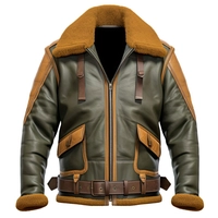  Men Sheepskin Leather Jacket Sherpa Aviator B3 Bomber Winter Coat Olive Green